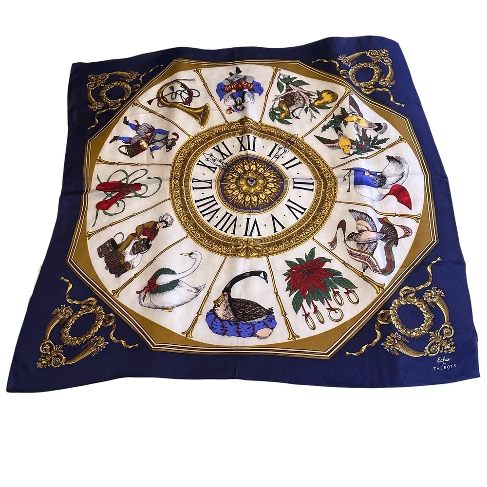 Echo for Talbots Silk Scarf 12 Days of Christmas Navy Blue Gold 34x34 Square
